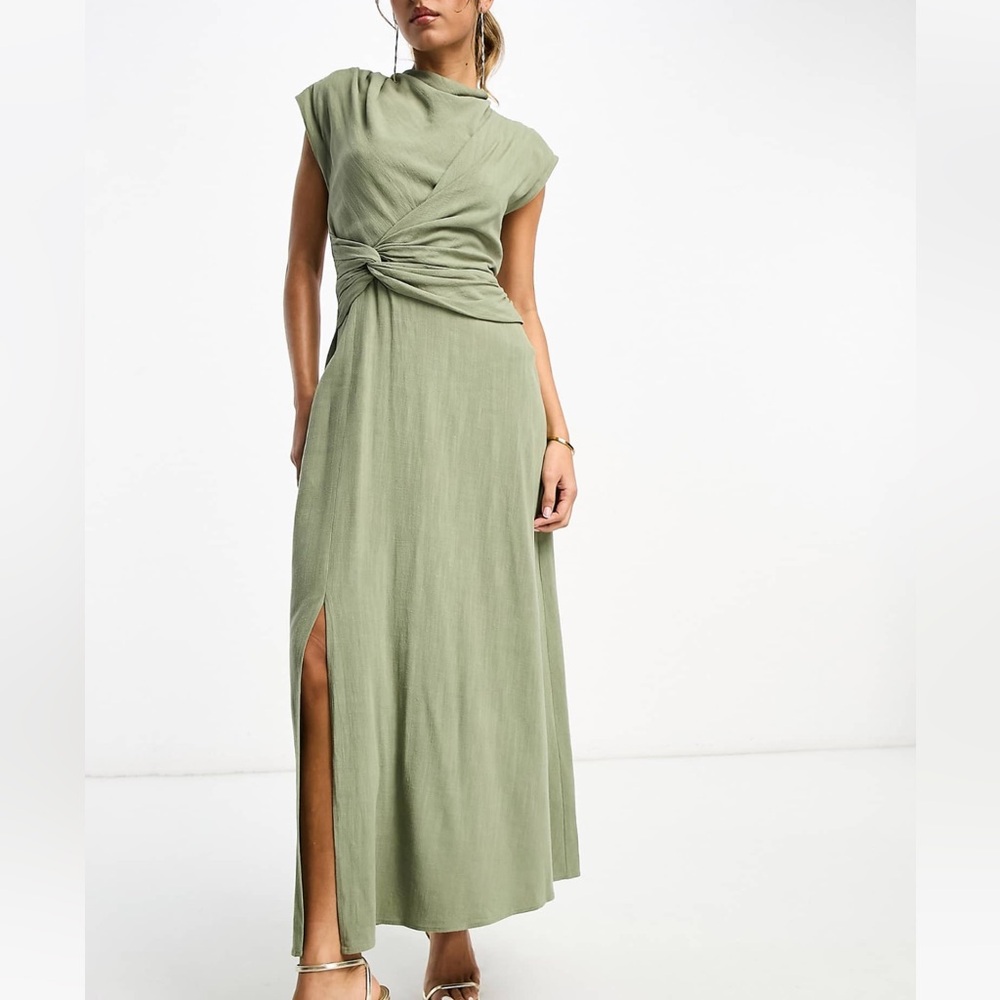 Khaki / olive green linen high neck twist front dress